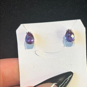 Amethyst Purple Teardrop Earrings in silver setting.